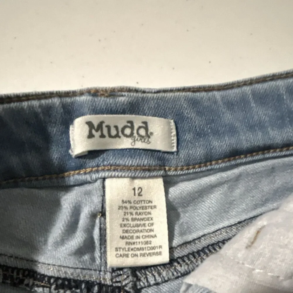 Mudd Girls Light Wash Blue Denim Cut-Off Shorts: Size 12 Stretch Lace Pockets